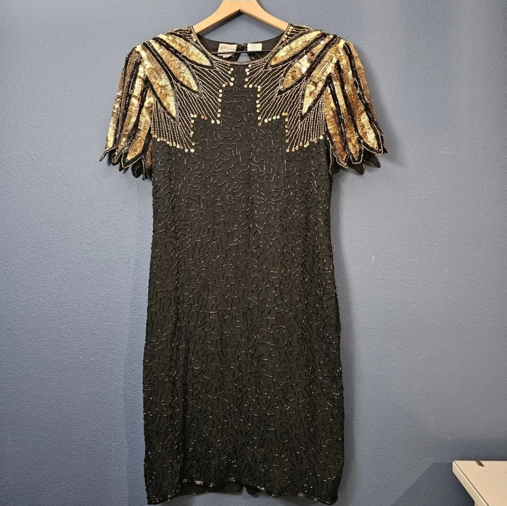 Vintage Black Dress with Gold Sequin Shoulder Detail - Picture 1 of 12